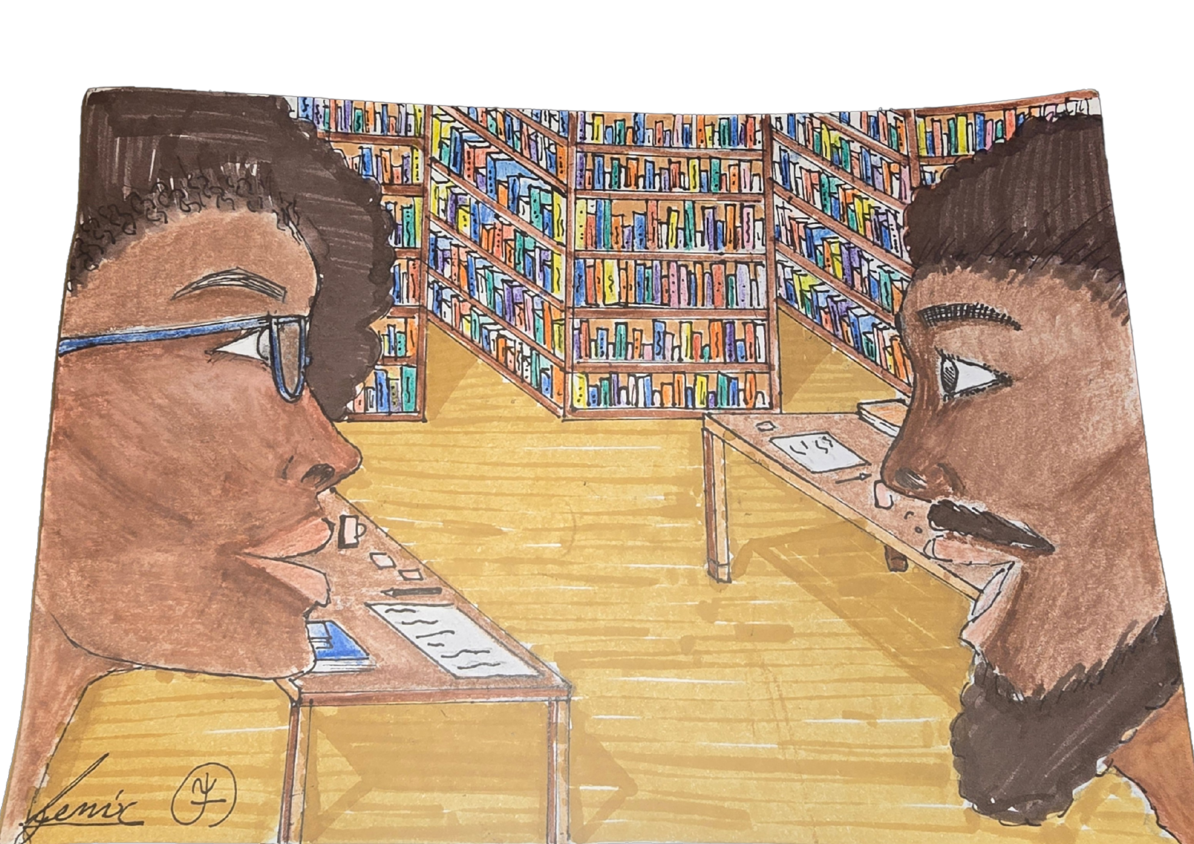 Ilustração feita por Fênix Valentim intitulada O encontro entre os professores Amanda Paranaguá e Israel Soares. A cena retrata uma biblioteca ampla e bem iluminada, com estantes cheias de livros coloridos nas paredes ao fundo. Em primeiro plano, dois personagens negros se olham frente a frente, cada um em sua mesa de leitura. À esquerda, uma mulher negra, com cabelos cacheados, usa óculos de armação azul. À direita, um homem de pele escura, com bigode e barba rala, observa atento a interlocutora. Ambos estão em ambiente de estudo, com cadernos e livros sobre as mesas. A obra sugere um encontro simbólico entre dois personagens históricos negros ligados à educação e à resistência no Brasil do século XIX.